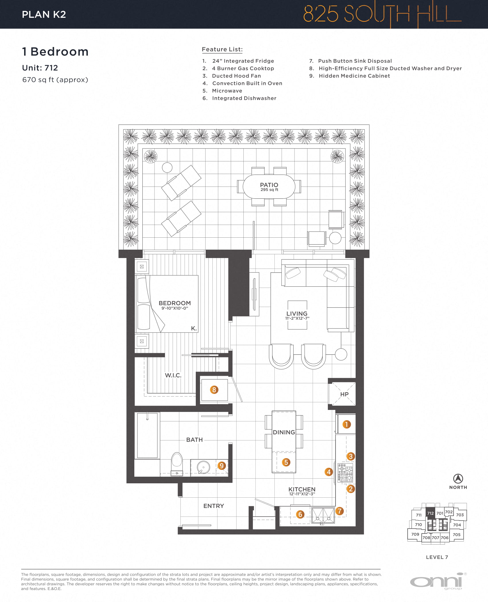 Floor plan for 1 bed, 1 bath, 670 sqft